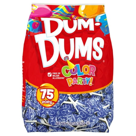 Dum Dums Color Party Lollipops, Blue, Blueberry Flavor, 12.8oz, 75 Count Bag, Allergen Free