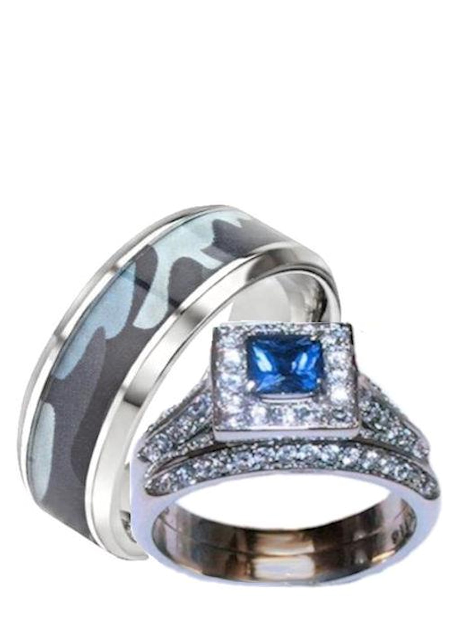 Edwin Earls His Hers Blue and Clear Stone Wedding Ring
