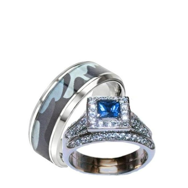 Edwin Earls His Hers Blue And Clear Stone Wedding Ring Set Men S Blue Camouflage Band Walmart Com Walmart Com