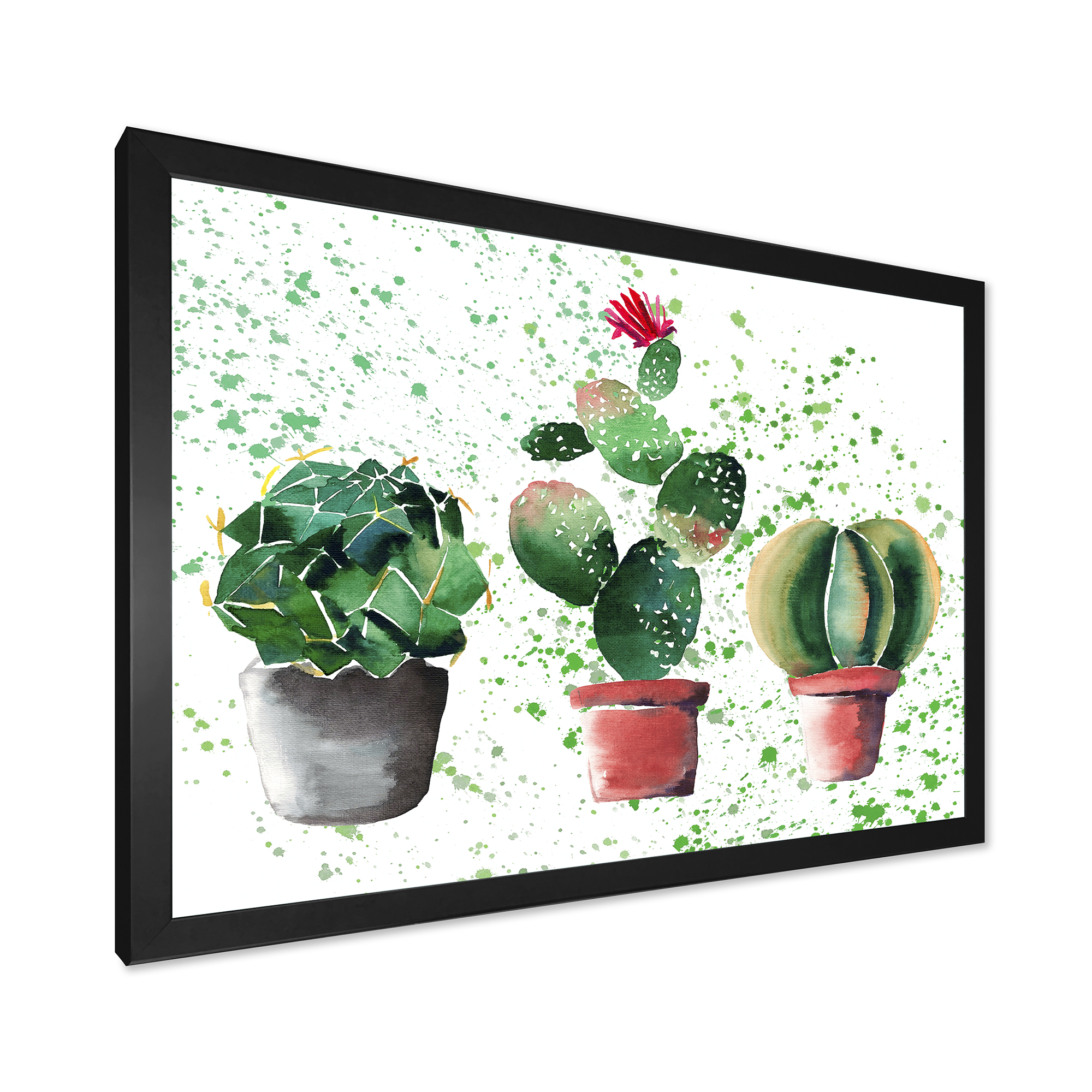 Designart 'Three Cacti In Clay Pots With Green Dots' Traditional Framed Art Print