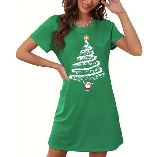 Camisón corto navideño para mujer, talla grande, con cuello redondo estampado y mangas cortas en el pecho.