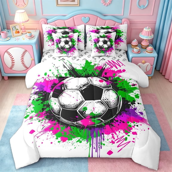 Erosebridal Soccer Football Game 7-Piece Twin Bedding Sets,Kids Sport Theme Bedding Comforter Set For Ball Lovers,Reversible