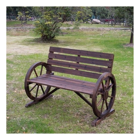 2-Person Outdoor Wagon Wheel Bench - Rustic Fir Wood Patio Loveseat - Garden Furniture with Backrest - Carbonized Finish - 41.5" Long