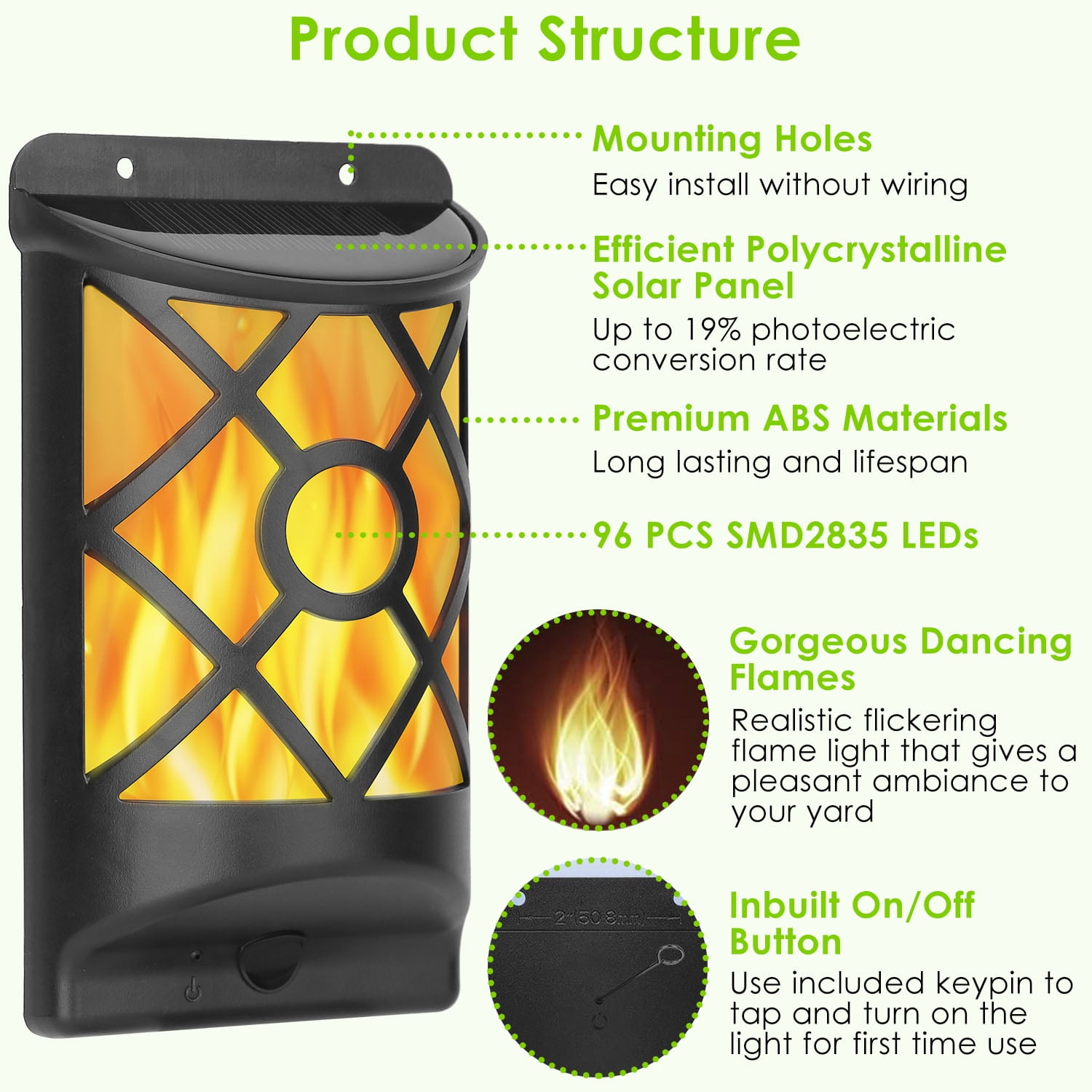 SOLAREK Outdoor Flame Solar Lights Waterproof 96 LEDs Wall Mount Lamps Flickering Blaze Auto on/off Sensor Landscape Decorative Lamp for Patio Yard