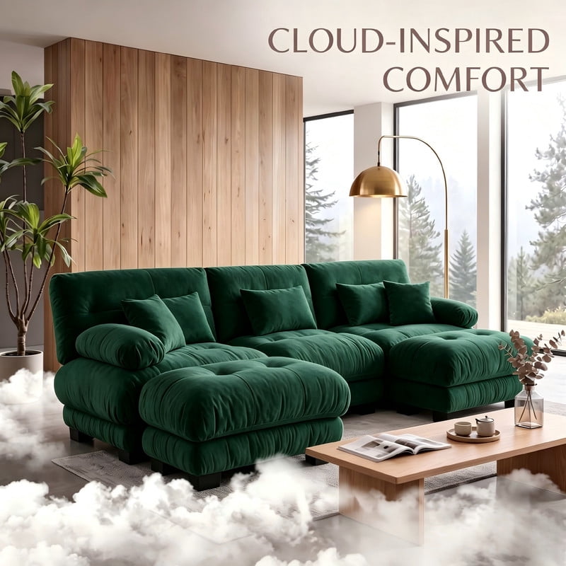 ANPPORT Cloud Couch Sleeper Sofa, Chenille Green 3-Seater Modular Sofa with 2 Ottomans, 3 Lumbar pillows, 2 Pillows, Comfy Deep Seat Cloud Sofa, Convertible L-Shaped Floor Couch for Living Room