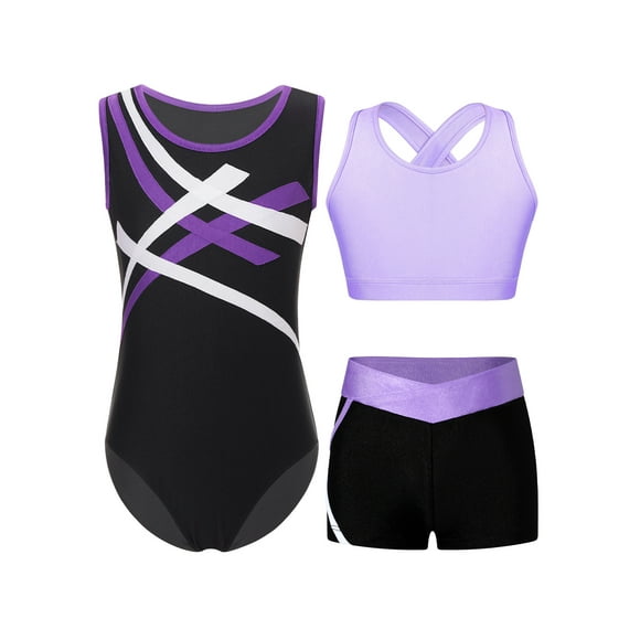 vastwit Kids Girls Sleeveless Gymnastics Dance Outfits Sports Bra Yoga Leoatrd with Athletic Shorts Set Purple 8
