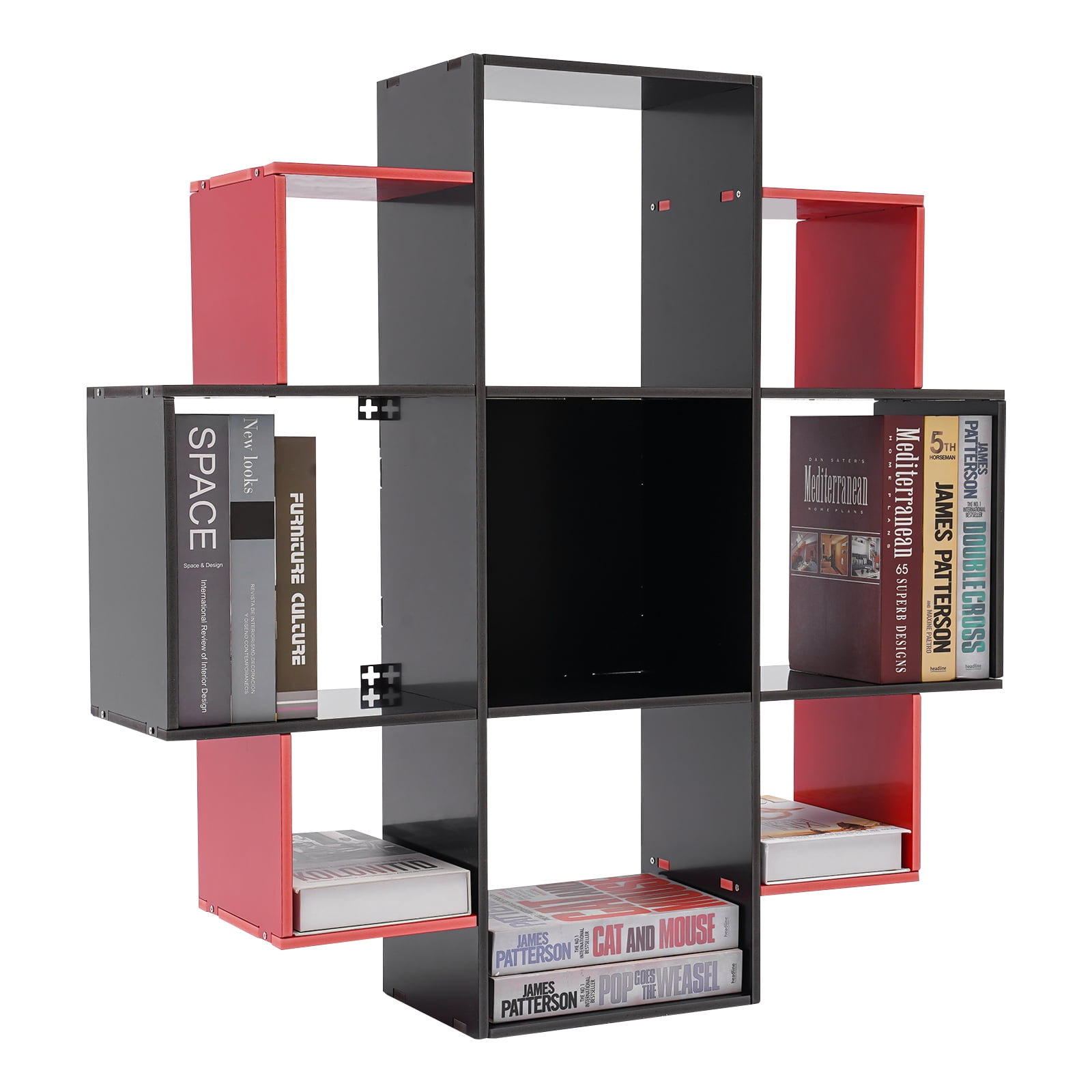 3-Tier Bookcase Wall Mounted Book Shelf Modern Floating Shelf Bookcase with 9 Compartments, Floating Cube Shelves, for Study, Office, Kitchen, Bedroom, and Living Room (Red&Black)