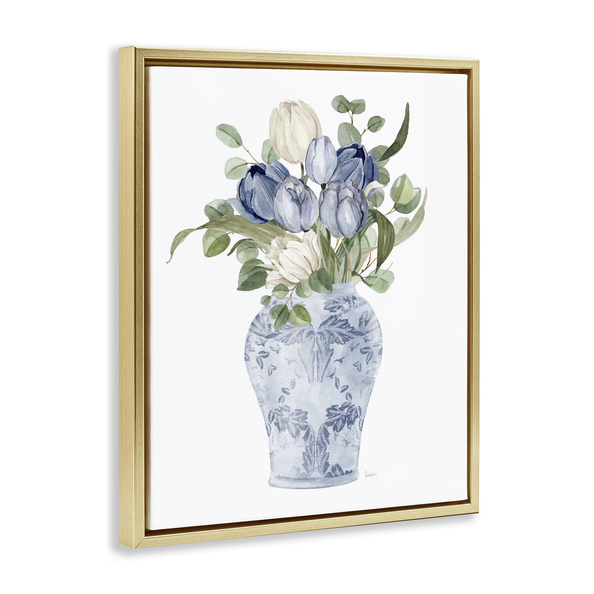 Stupell Industries Tulips & Leaves Vase Gold Framed Floater Canvas Wall Art, design by Livi Finn