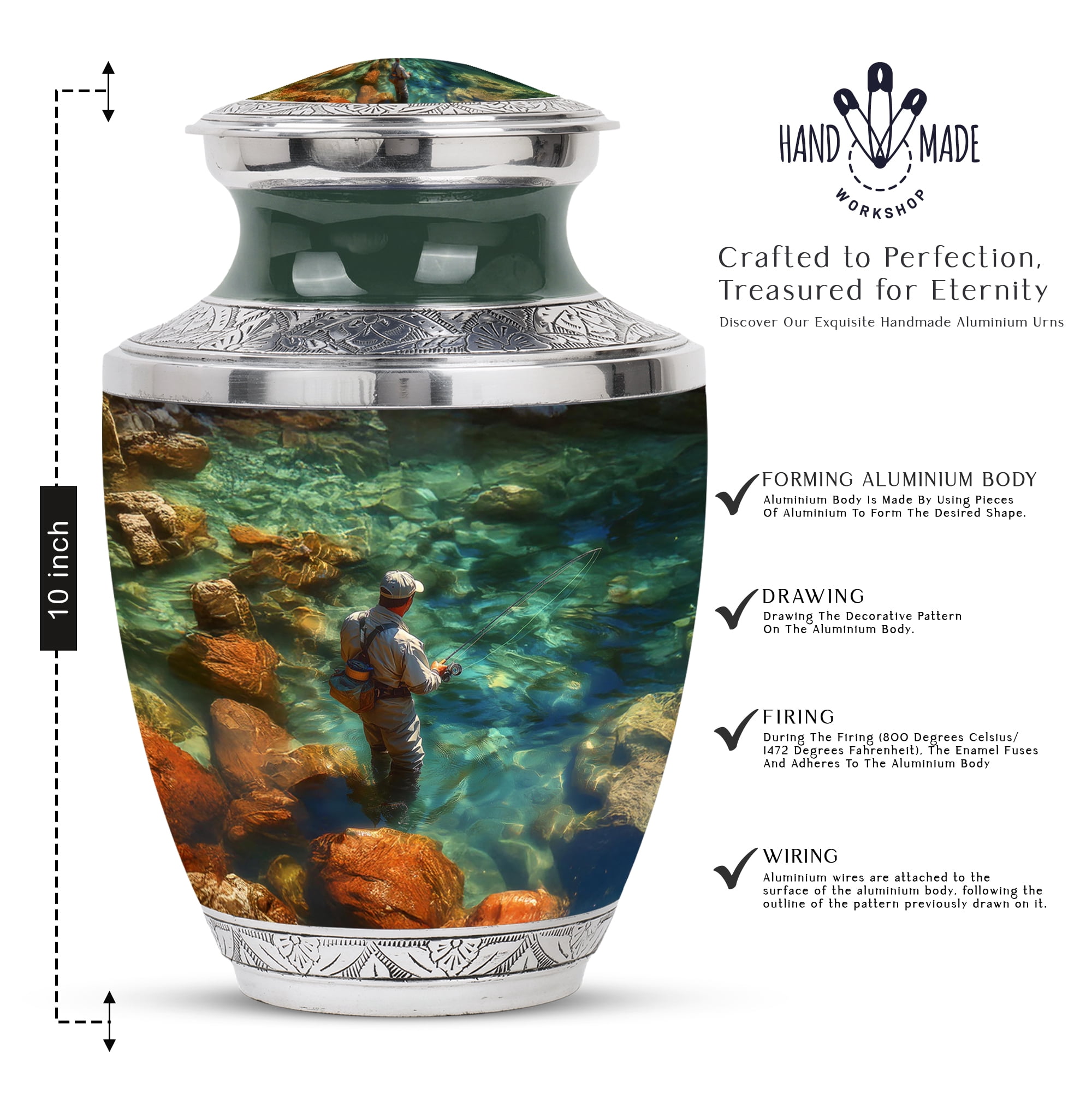 YATHABI Fishing Cremation Urn - Large Urns For Human Ashes Adult Male - Small Keepsake Urn For Adult Female - Little Urn For Ashes For Women - Memorial Ash Holder - 10 Inch And 3 Inch