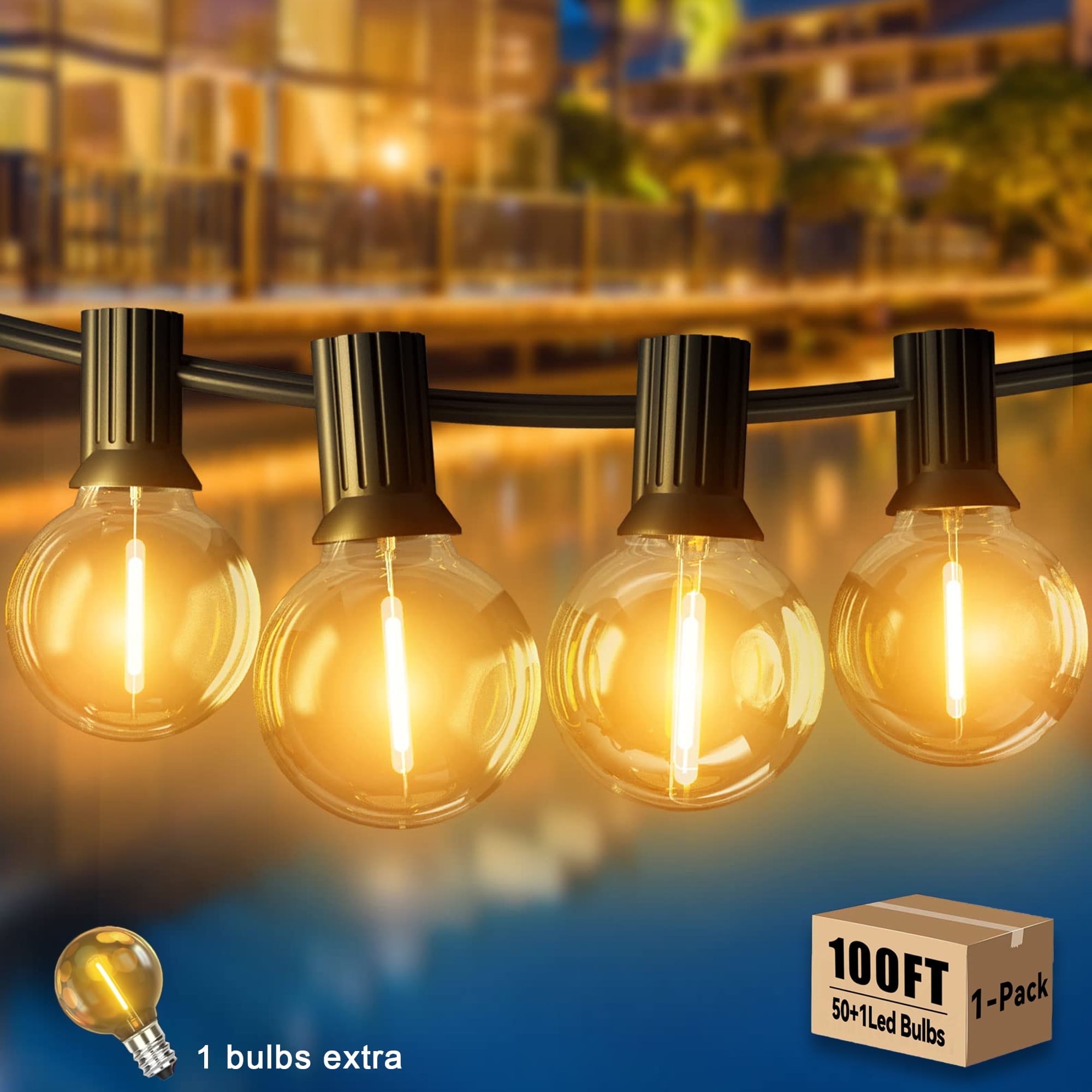 DAYBETTER Waterproof 100FT Outdoor String Lights, with 50 + 1 Plastic G40 , Connectable Shatterproof Outside Hanging Lights for Backyard Porch Deck