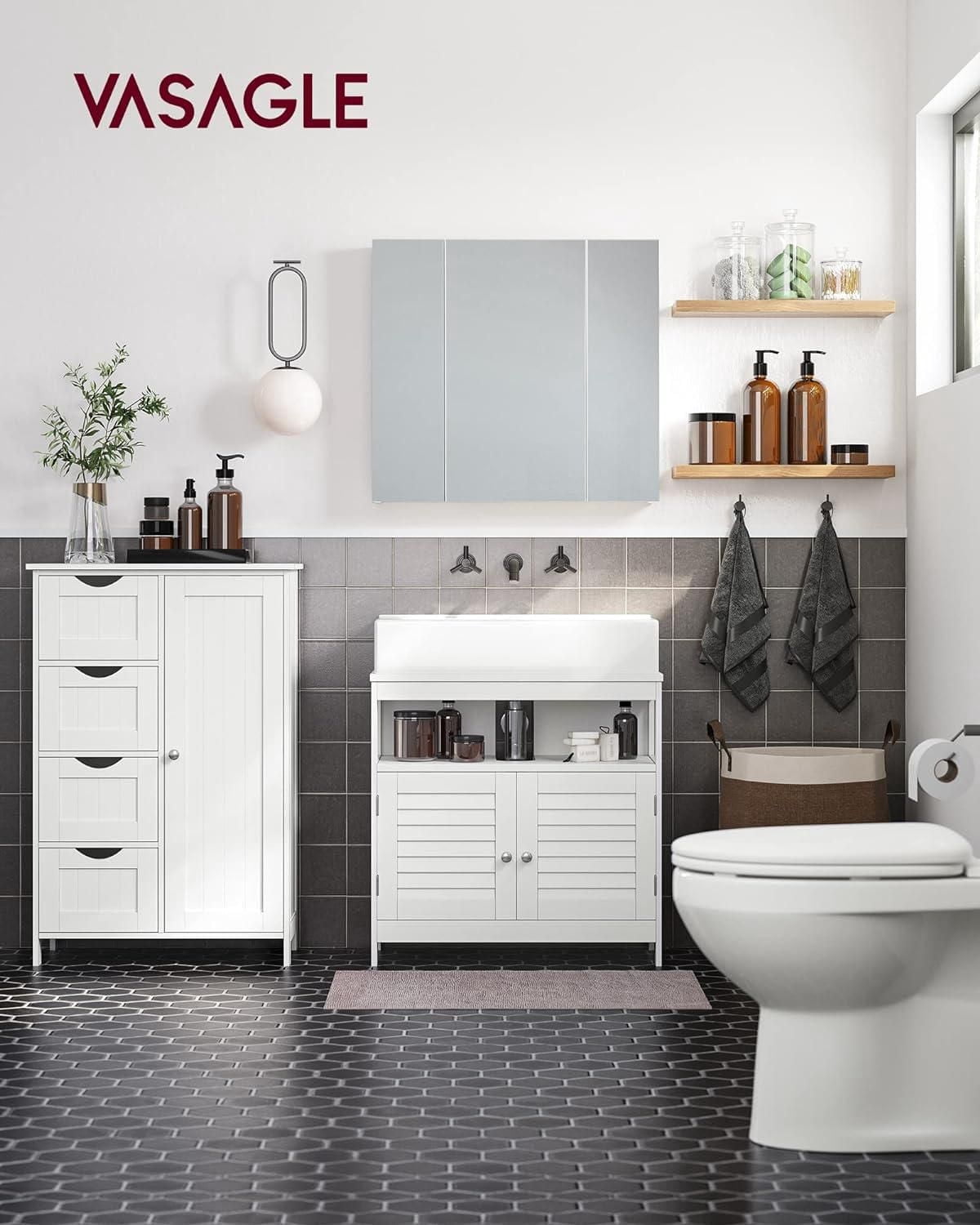 Boutique Home Bathroom Tall Cabinet Freestanding Storage Unit with 2 Drawers and 3 Open Shelves, White