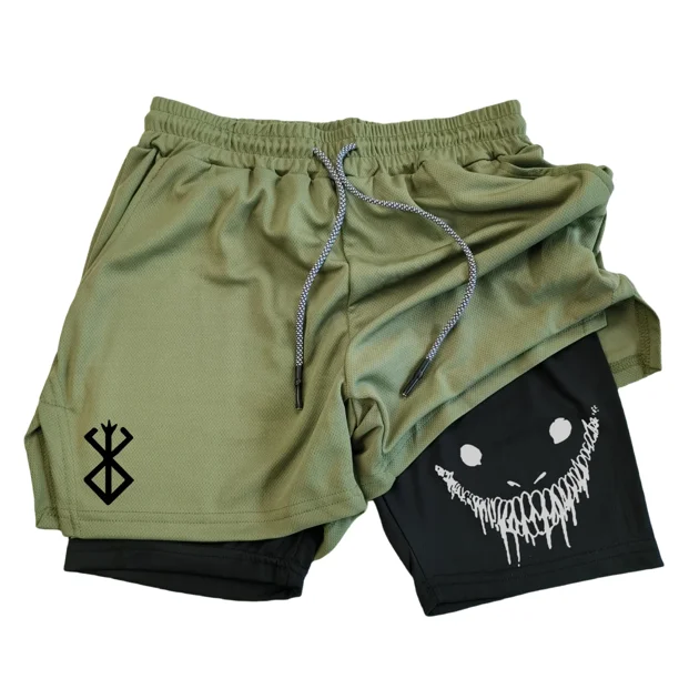 Pantalones cortos para correr Anime Berserk para hombre, pantalones cortos deportivos 2 en 1 para entrenamiento de gimnasia y Fitness, entrenamiento de secado rápido, trote, doble cubierta, verano