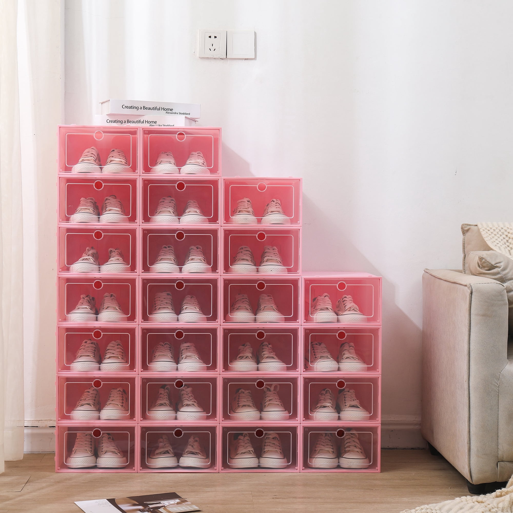 24 Pack Shoe Boxes Clear Plastic Stackable Shoe Storage Organizer with Flip Lid Pink