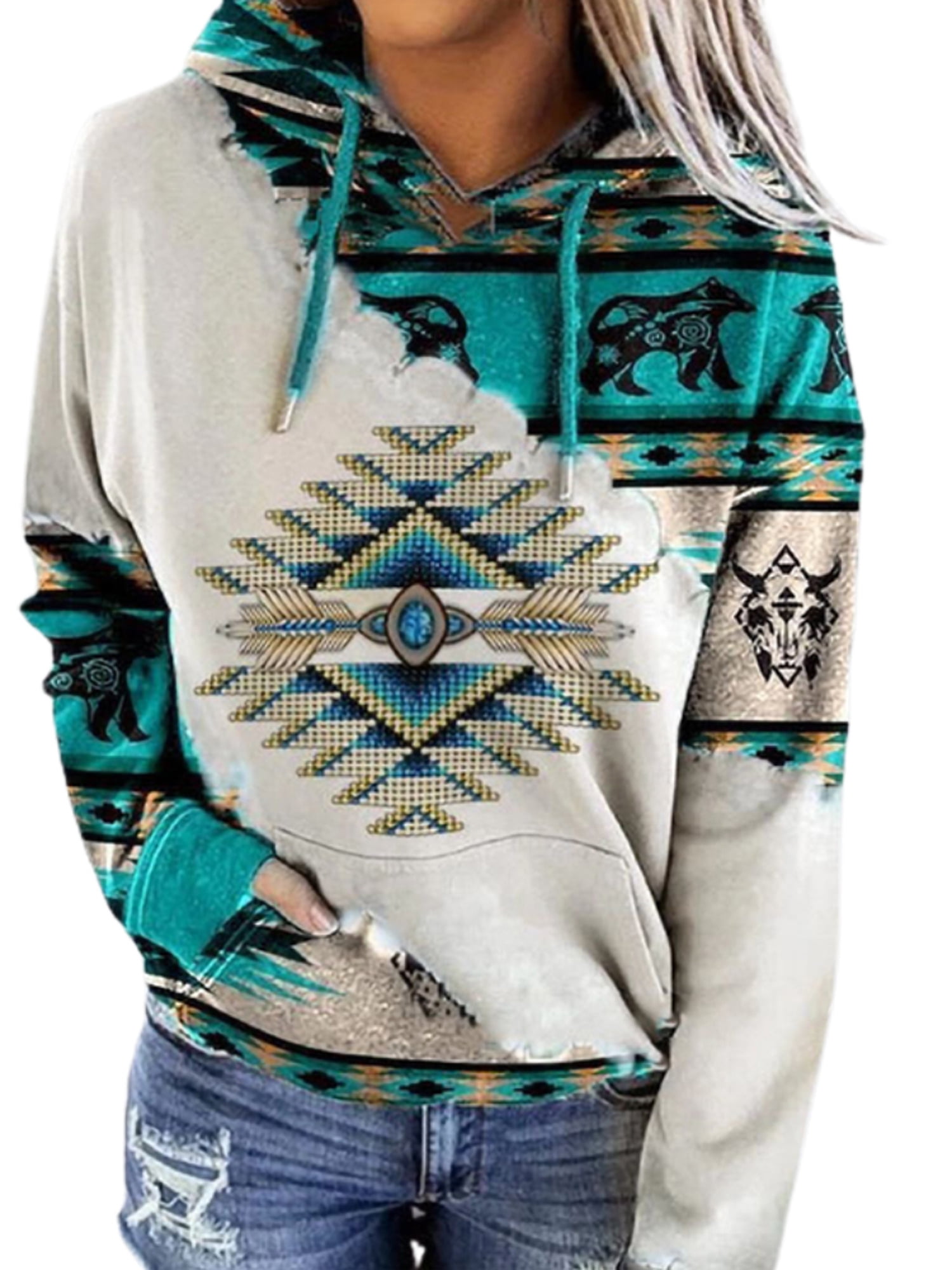 KAMAWO Women's Hoodie Boho Ethnic Style 