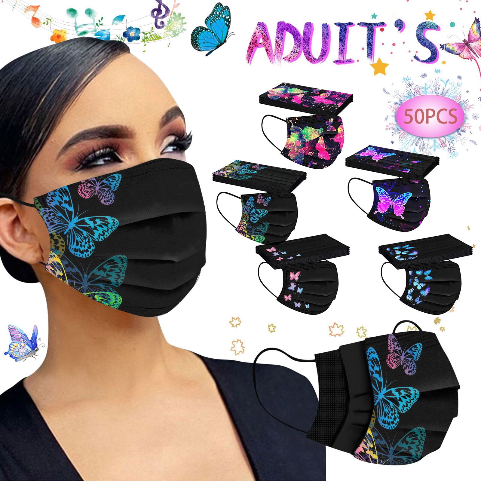 Fuachy 10PCS Adults Fashion Butterfly Printed Disposable Protection Three Layer Breathable Face Protective Bandanas Outdoor 