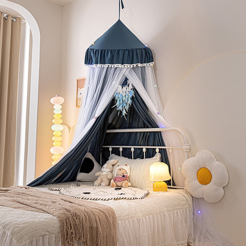 Qelus Bed Canopy for Kids' Bed, Double Layer Canopy Bed Curtains Pompom Ceiling-Mounted Mosquito Net Foldable Prince Princess Cute Tent for Children Reading Nook