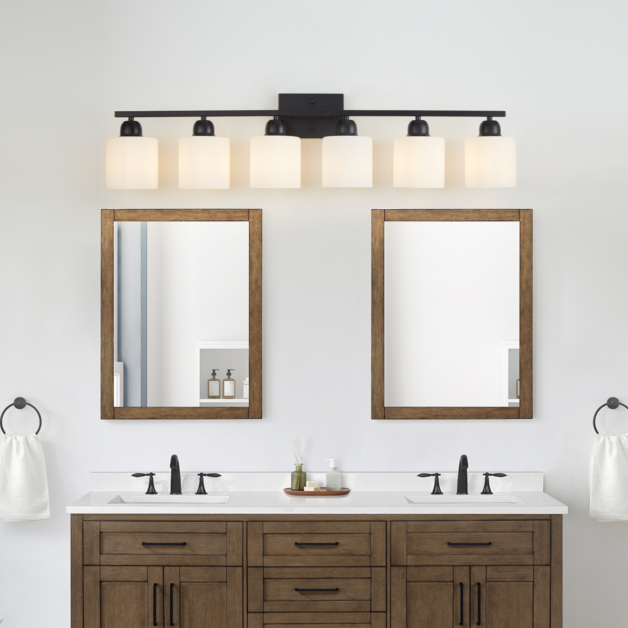 Leumius 6-Light Bathroom Vanity Light Fixture, Modern Vanity Light Over Mirror, Wall Sconces with Milky White Frosted Glass Shades for Mirror, Bathroom, Bedroom and Hallway Black (No Bulbs)