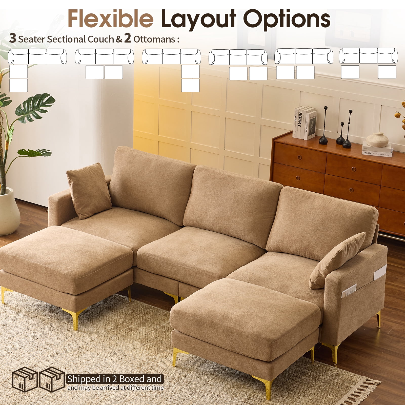 Ktaxon U-Shaped Sofa with 2 Removeable Ottoman Footrests, Flannel Deep Seating Couch for 3, Converts to Sleeper for Bedroom Living Room Furniture Khaki
