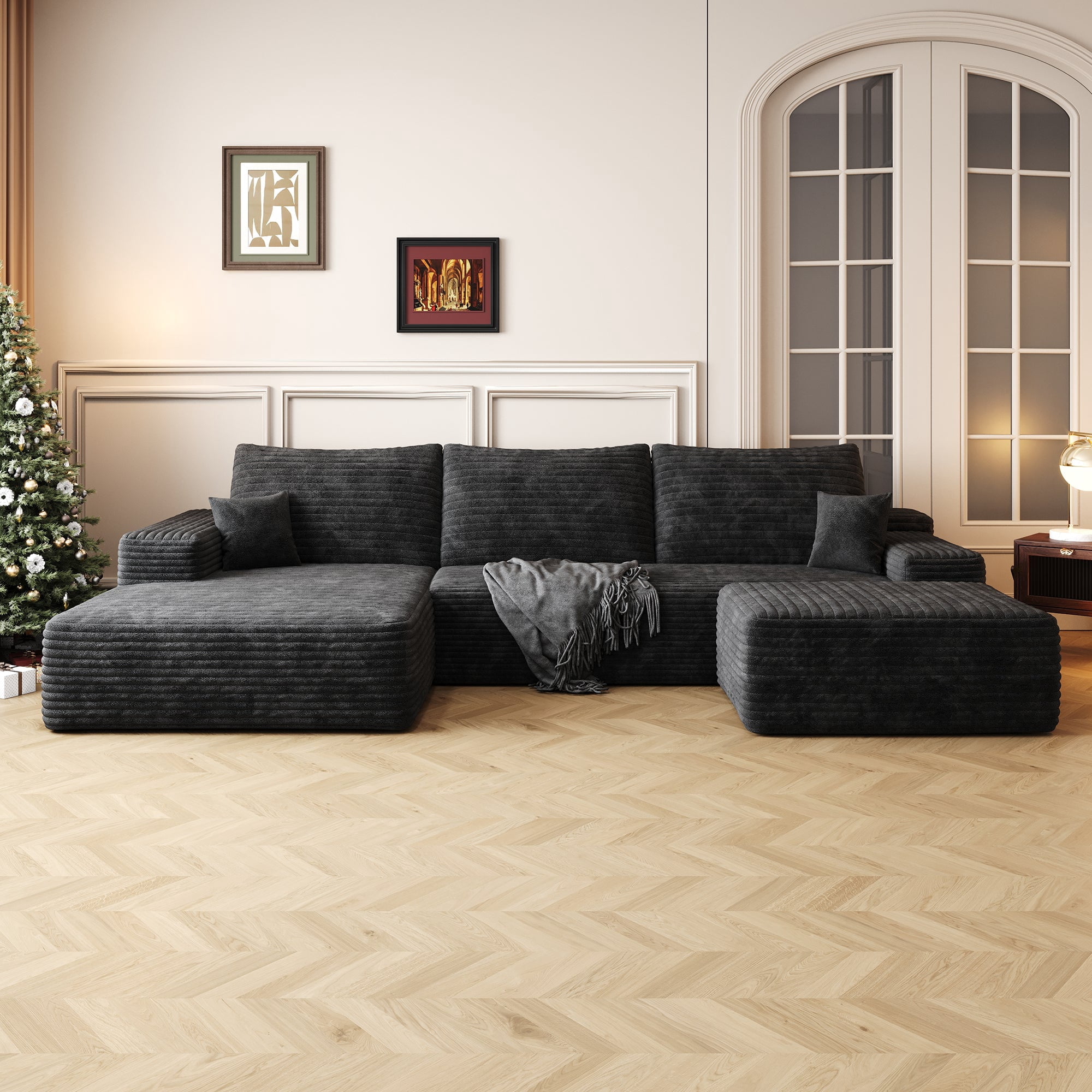 Sailvan 107" Cloud Sectional Couch, Cloudy Sofa with L-Shape Chaise & Ottoman, Upholstered Couches for Living Room & Bedroom, No Assembly Required, Plush Corduroy Fabric, Black