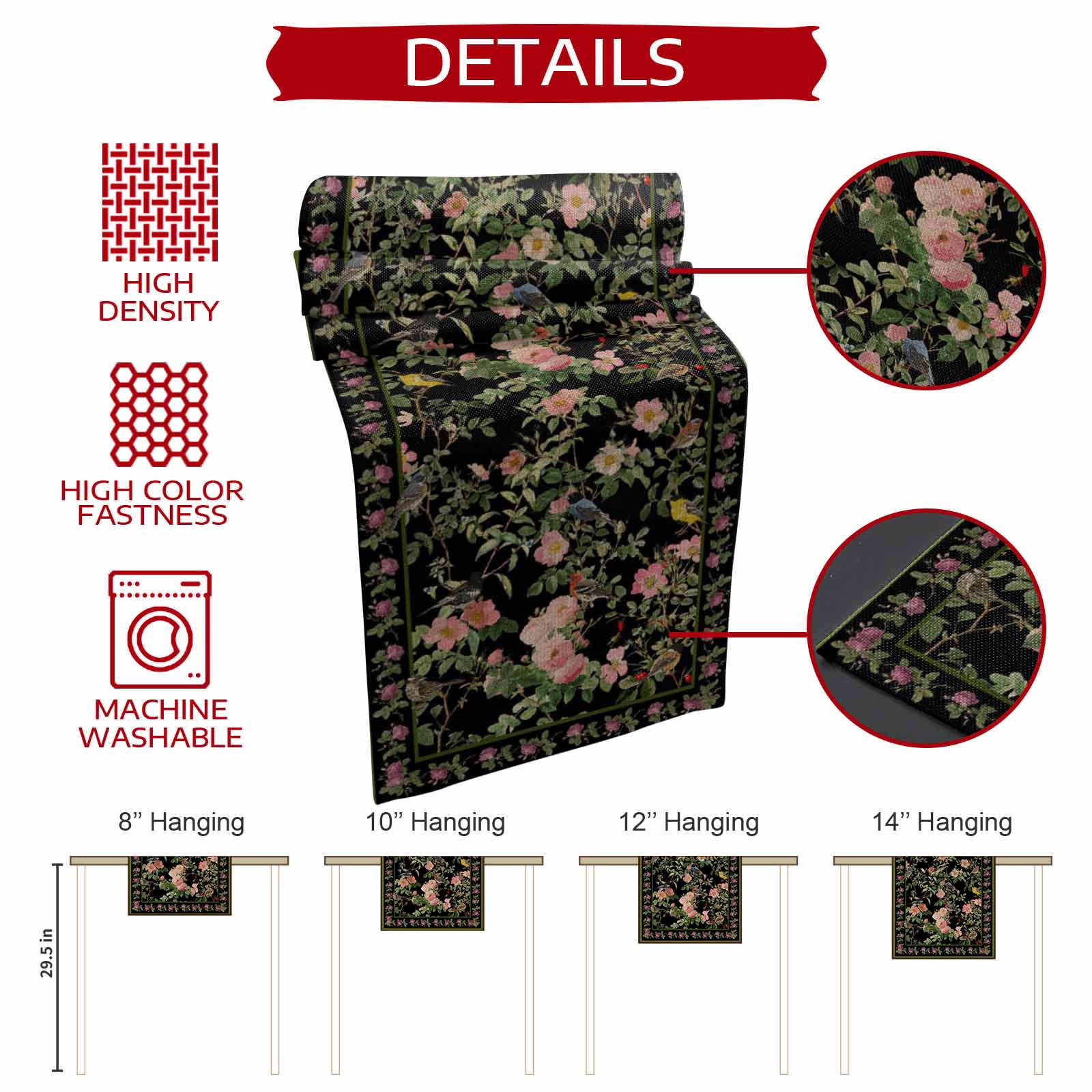 Black Spring Floral Burlap Cotton Table Runner 13x90 Inches Long, Elegant Pastoral Flowers Birds Retro Art Farmhouse Table Runners, Outdoor Dining Tablecloths Decor for Baby Shower/Party/Wedding