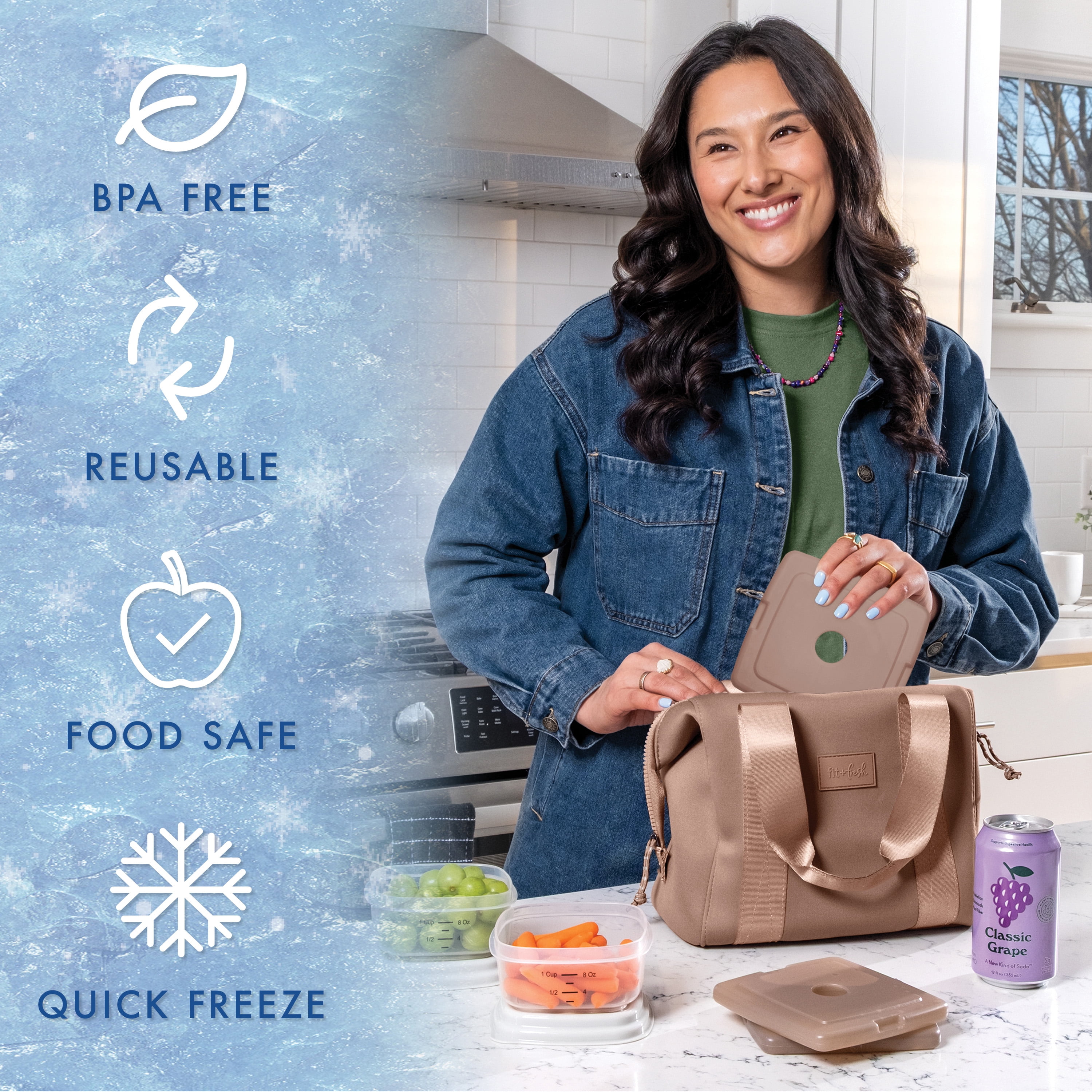 Cool Coolers by Fit + Fresh Reusable Slim Ice Packs for Lunch Bags & Coolers, Taupe, 4pk