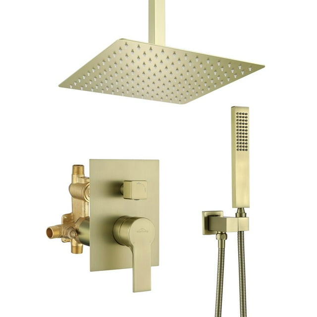 Boyel Living 12 Inch Brushed Gold High Pressure Ceiling Mount Spray Patterns Shower System with Handheld Shower Nozzle