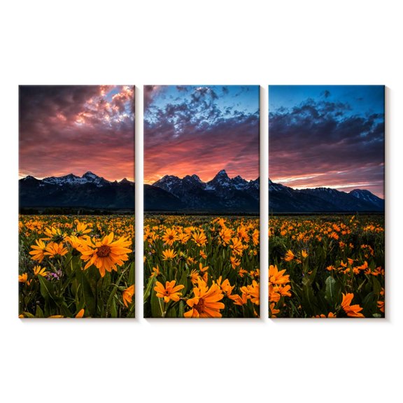 Elephant Stock Grand Teton Wildflowers Wall Art - Horizontal Multi Panel Canvas - Living Room Wall Decor - Nature Multi Panel - Orange And Blue Decor - 23" x 14"