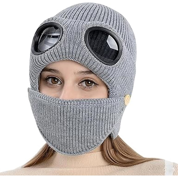 Unisex Winter Ski Beanie Hat with Goggles and Detachable Mask,3-in-1 Unisex Knitted Goggles Beanie,Winter Warm Hat(Gray)