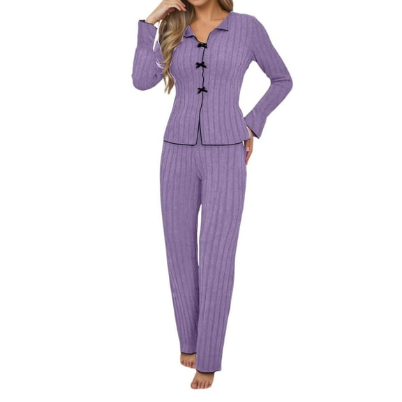 Women's Pajama Set Women Ribbed Knited Pajamas Set Long Sleeve Crew Neck Sleepwear Nightwear 2 Piece Outfit Womens Matching Sets XXL