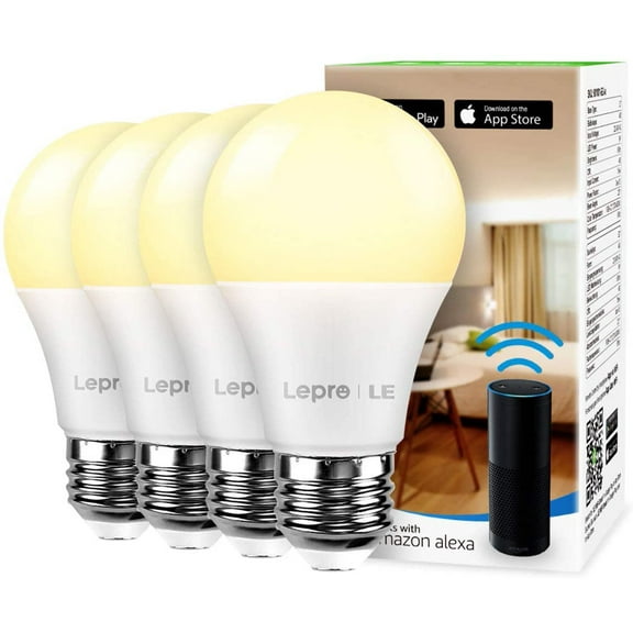 Lepro Smart LED Light Bulbs, Warm White 2700K, 60 Watt Equivalent, Dimmable with App, Alexa and Google Home Compatible, No Hub Required, A19 E26, 2.4GHz WiFi, Pack of 4