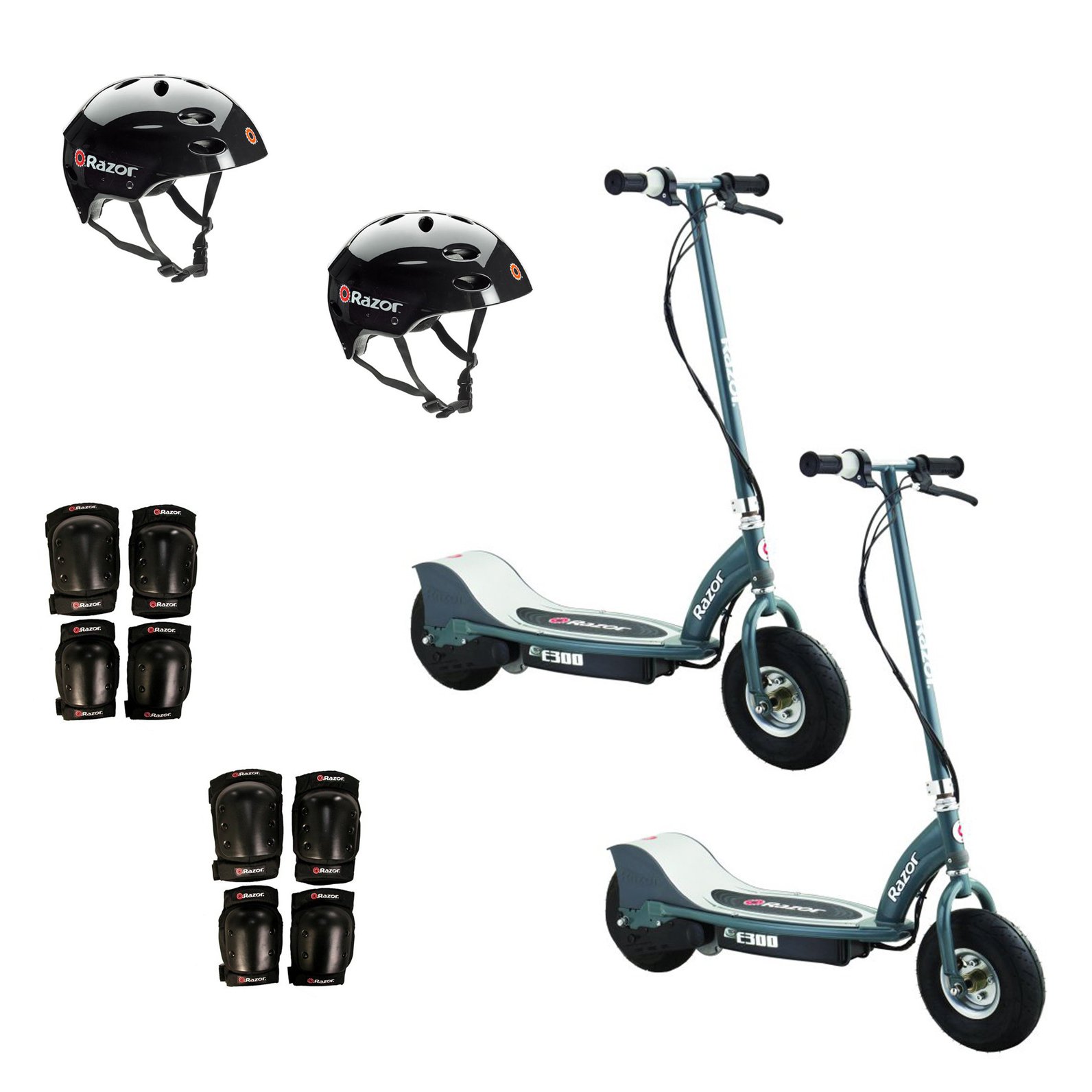 Razor E300 Electric Rechargeable Kids Scooters (2 Pack) + Safety Pads