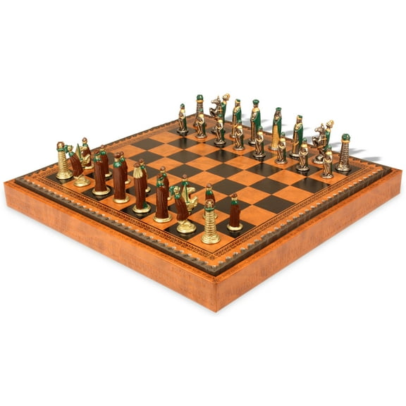 Small Medieval Hand Painted Theme Metal Chess Set with Leatherette Chess Board & Tray