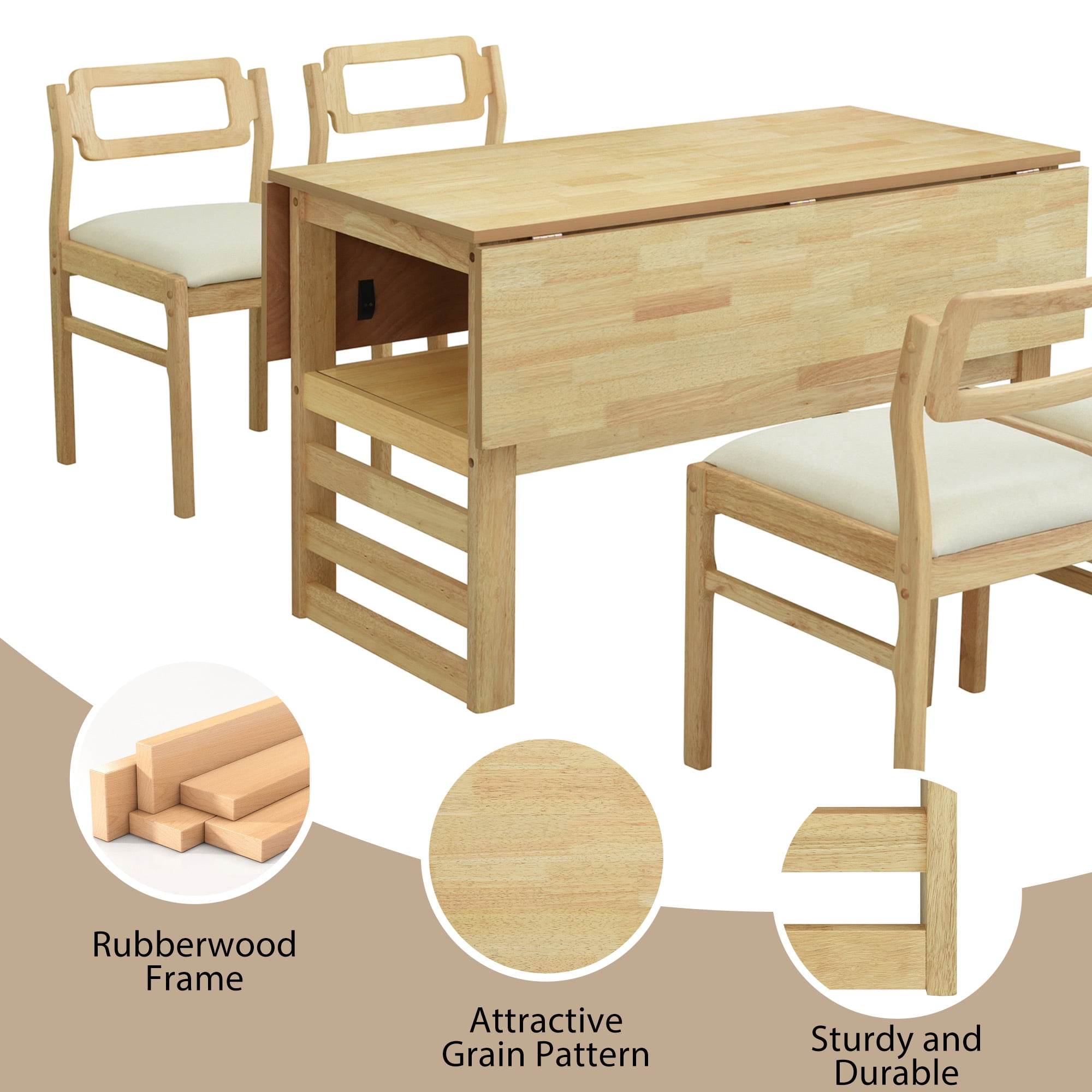 EUROCO Extendable Dining Table Set for 4, 5-Piece 47.2" Solid Wood Foldable Table with 2 11.8" Drop Leaves,Storage Shelf and 4 Upholstered Chairs, Square Kitchen Table Set for Small Space,Natural