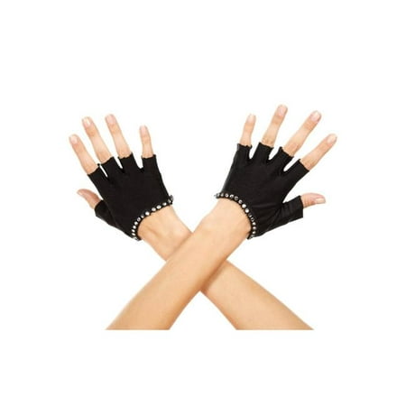 Faux Rhinestones Trim Fingerless Gloves, Black