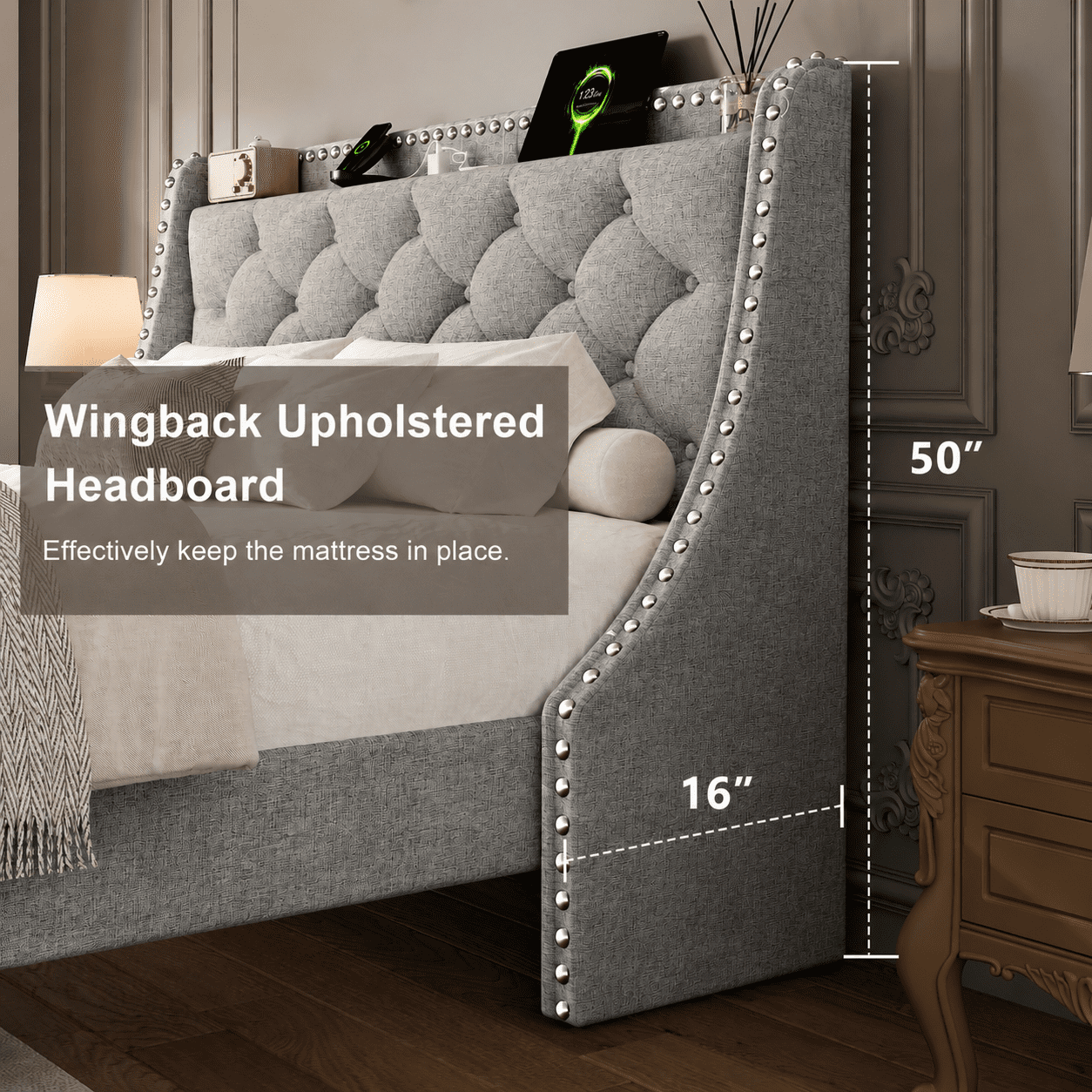 Virans Queen Bed Frame with 16" Deluxe Wingback & Charging Station, Upholstered Platform Bed with Button Tufted Storage Headboard,Light Gray