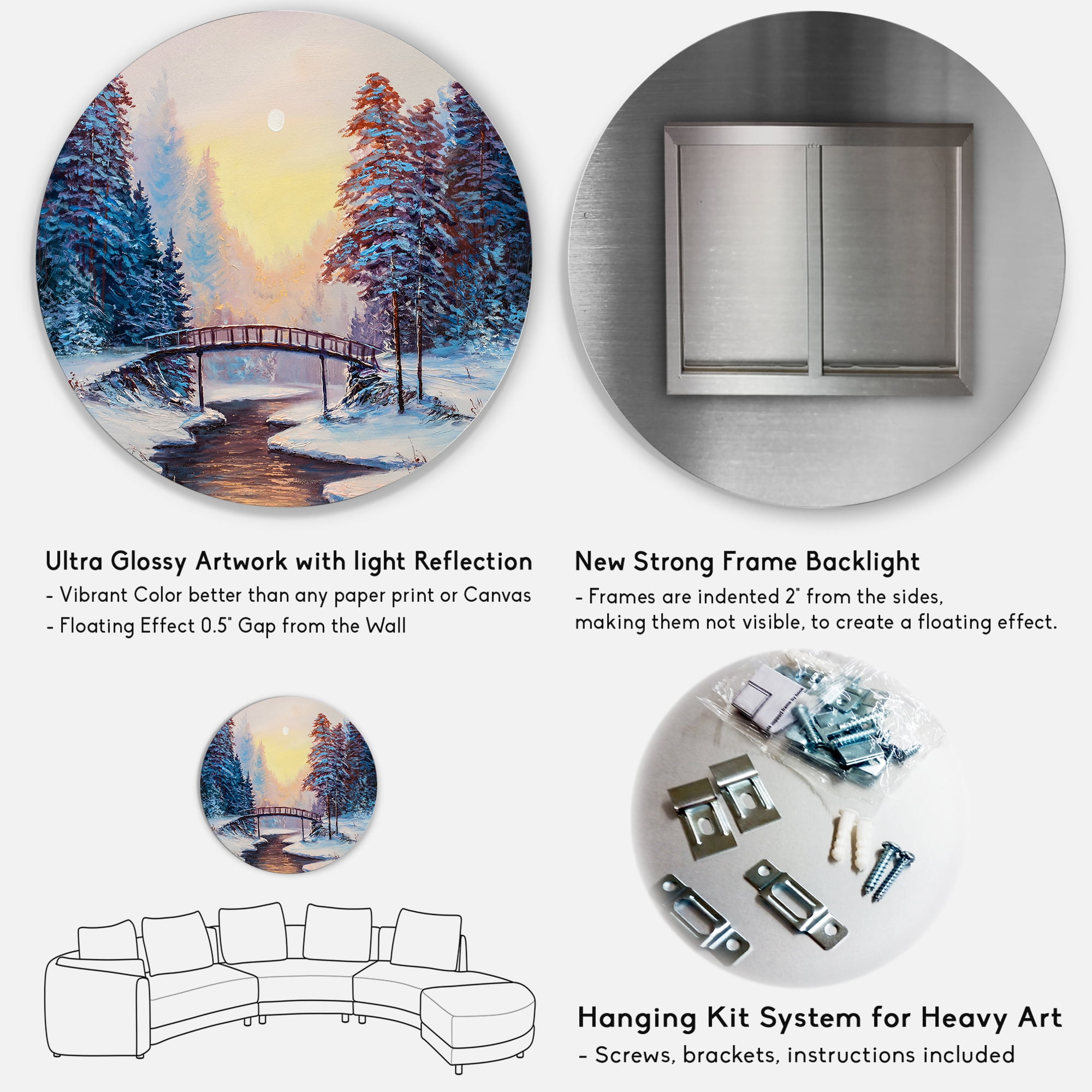 Designart 'Snow Covered Landscape and Little Bridge' Traditional Circle Metal Wall Art 29x29 - Disc of 29