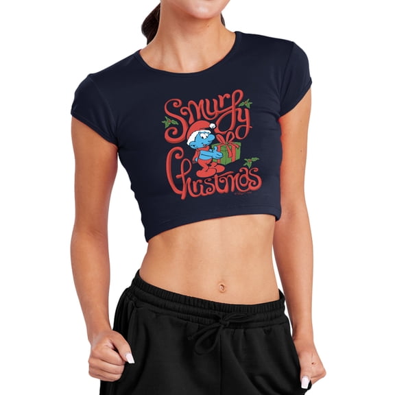 Smurfs Smurfy Christmas Gift Women's Cap Sleeve Baby Rib Crop Top, Navy, Medium