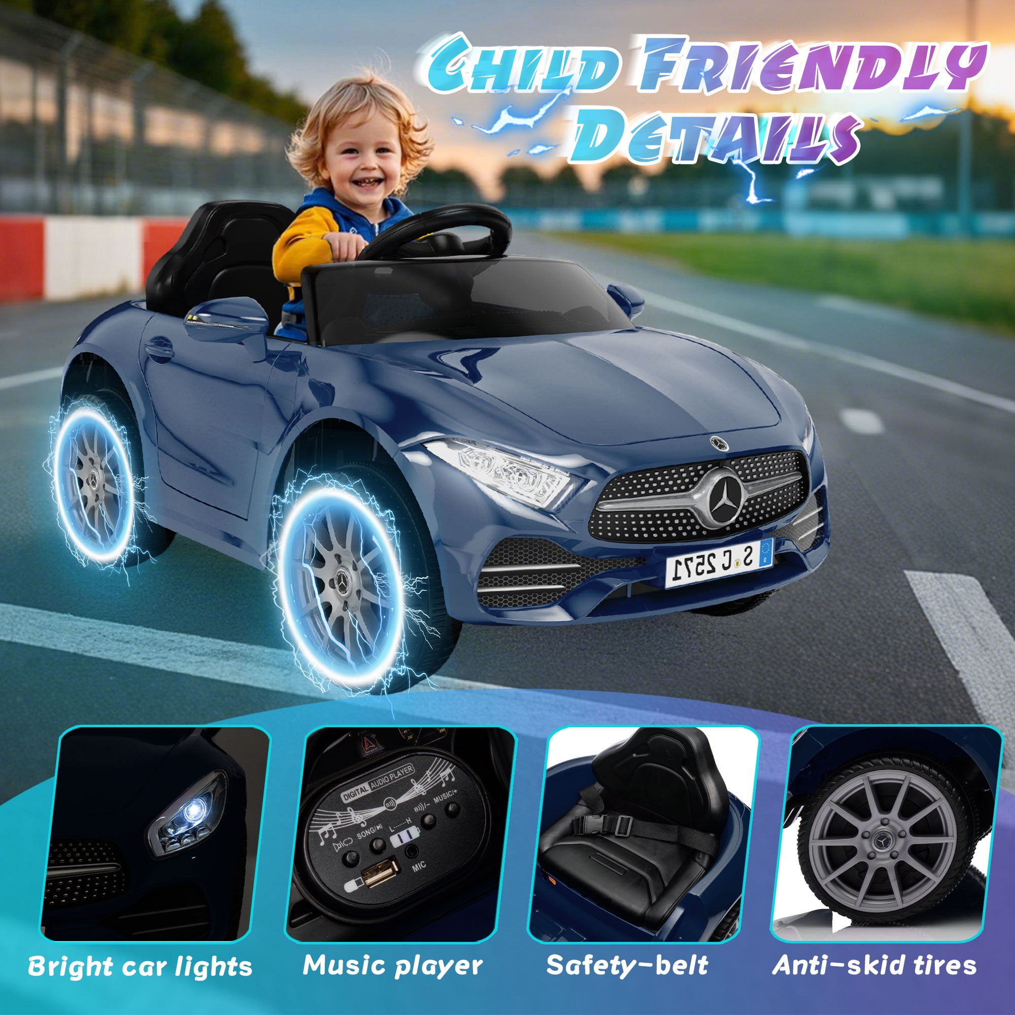 Xuanlur 12V Power Ride on Toys for Toddlers, Licensed Mercedes-Benz Ride on Cars for Kids, Kid Electric Car, Aged 1-4Y, Dark Blue