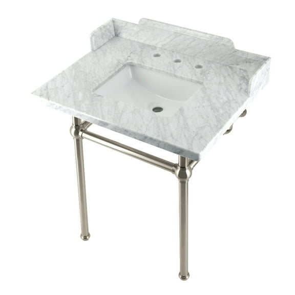 Kingston Brass LMS30MBSQ8 Pemberton 30" Carrara Marble Console Sink with Brass Legs (8-Inch, 3-Hole), Carrara Marble White/Brushed Nickel