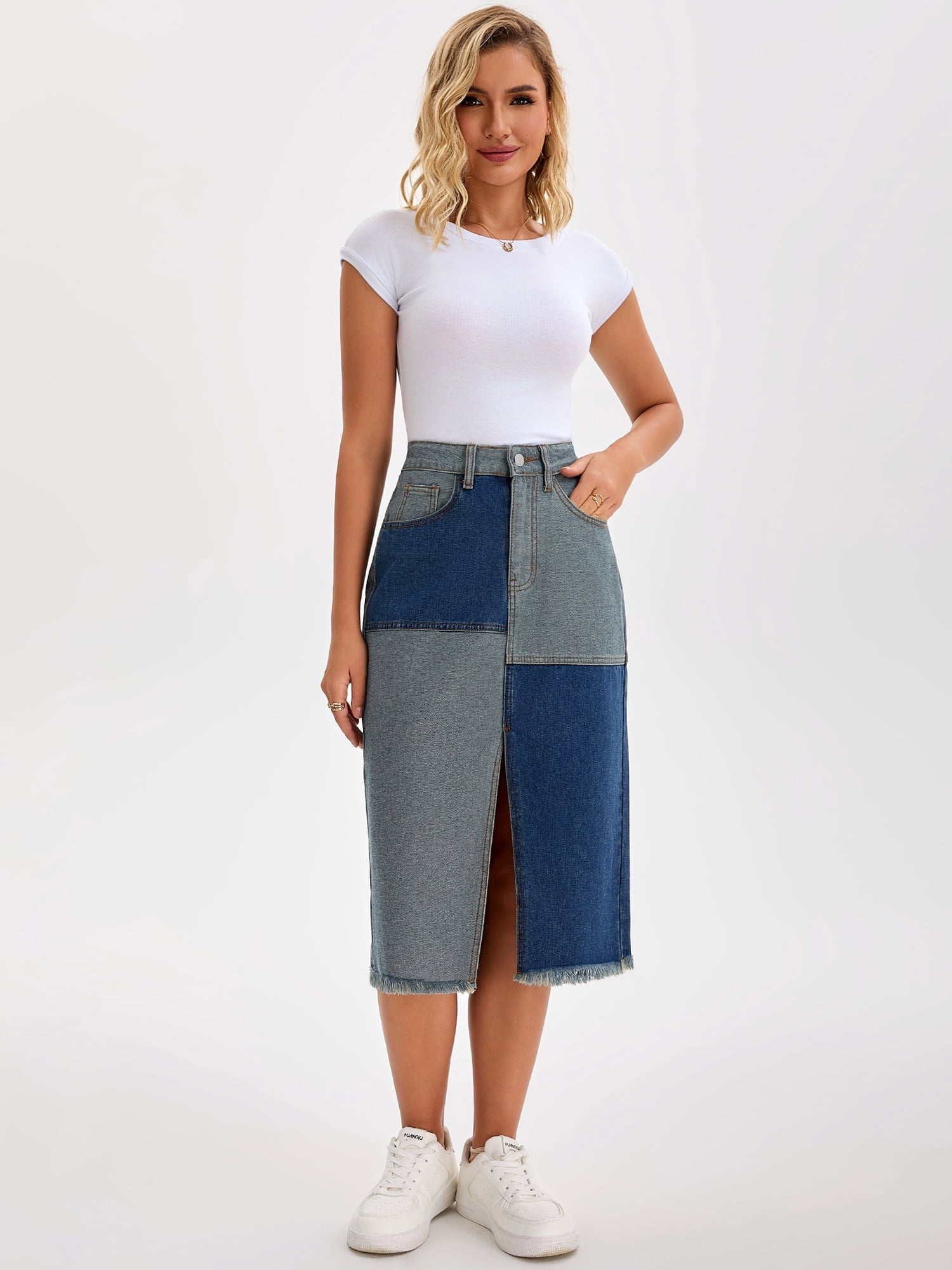DARING DIVA Women's Raw Hem Midi Jean Skirts with Slit Medium Blue