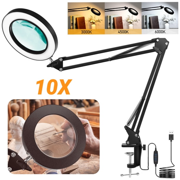 Lupa con luz y abrazadera, lámpara de aumento GOCHIFIX 10X con soporte de cristal auténtico, 3 modos de color, 10 niveles de brillo, lámpara de escritorio LED para manualidades, pasatiempos, lectura,