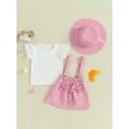 thumbnail image 2 of Bslissey Toddler Baby Girls 3Pcs Summer Outfits Lace Flying Sleeve Crew Neck Ribbed Tops + Bow Decorat Suspender Skirt + Hat 6M-4T Kids Casual Cute Skirt Sets, 2 of 9