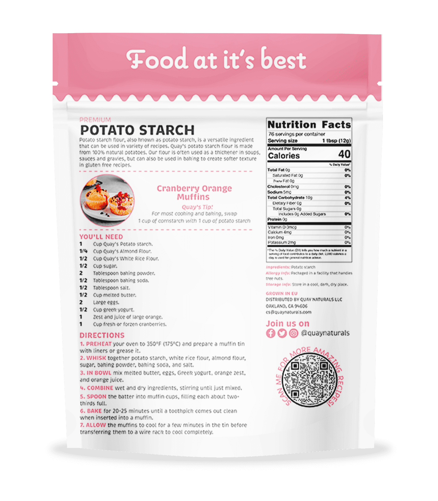 Quay Naturals Organic Potato Starch, Unmodified, 2lb, Gluten Free, Non-GMO, Plant-Based