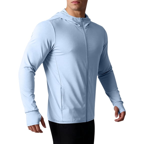 Sevevn Men's Sun Protection Hoodie Full Zip Long Sleeve Rash Guard Lightweight Quick Dry Workout Shirt Light Blue 4XL