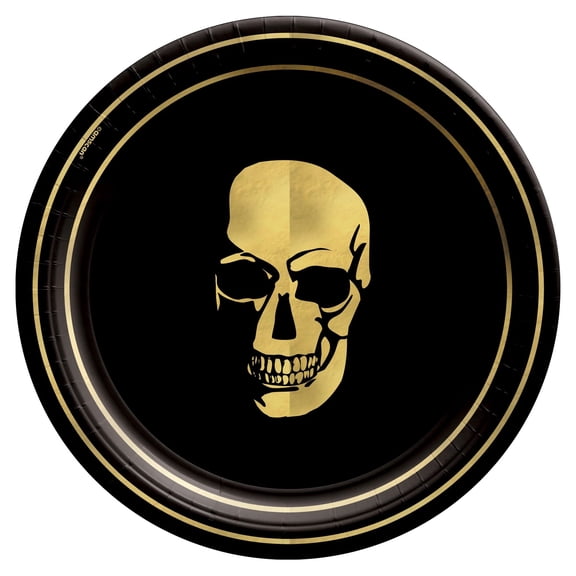 Amscan Glam Boneyard 7 Inch Halloween Paper Plates 8 Ct Skull Black and Gold Disposable Round Dessert Plates