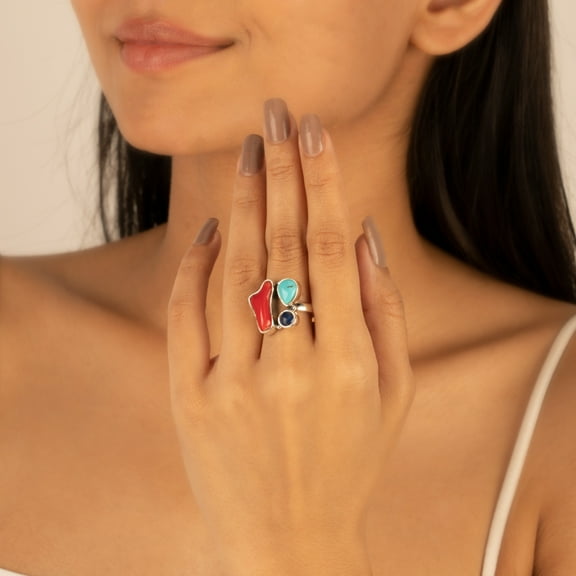 Coral Turquoise Ring SouthWestern Jewelry Adjustable 925 Sterling Silver Jewelry