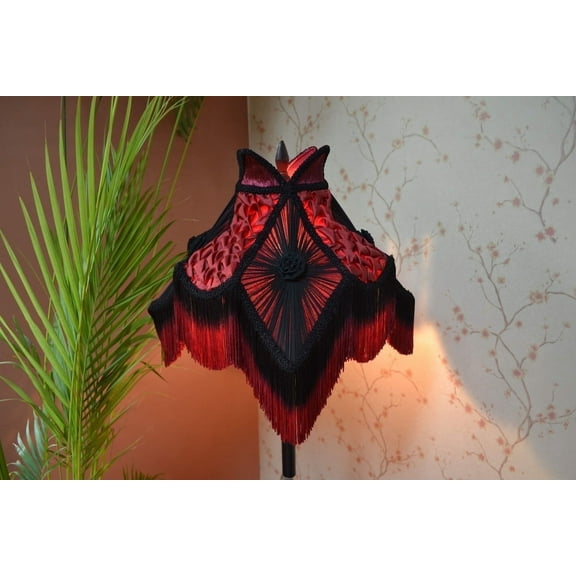 BespokeByNikita Victorian Lotus Red Fringe Silk & Chiffon Table Lampshade