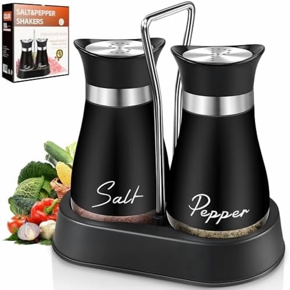 Salt and Pepper Shakers, Farmhouse Salt and Pepper Shakers Set with Holder, electroplated Handle, 4 oz Stainless Steel Glass Bottle Dispenser, for Table, RV, Camp, BBQ (Black)