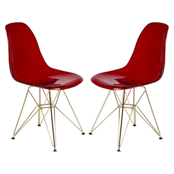 LeisureMod Dining Chair in Acrylic with Gold Chrome Eiffel Base and Curved Back Design Lightweight Easy Assembly for Modern Home, Kitchen, Cafes Cresco Collection in Transparent Red Set of 2