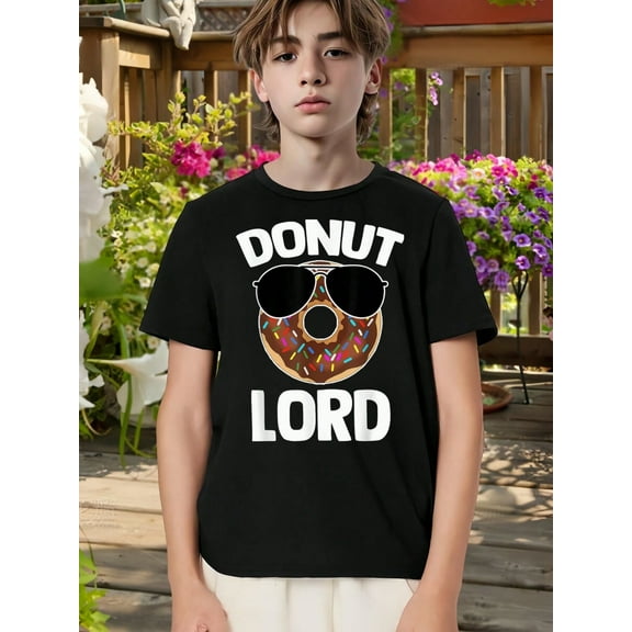 Donut Lord Letter Pattern Summer T-shirt for Boy,100% Cotton Soft & Elastic,Comfy Crew Neck Short Sleeve Top for Summer Wear and all Season,Black Color Size from 3-13Y,T-Shirt for Boys and Girls